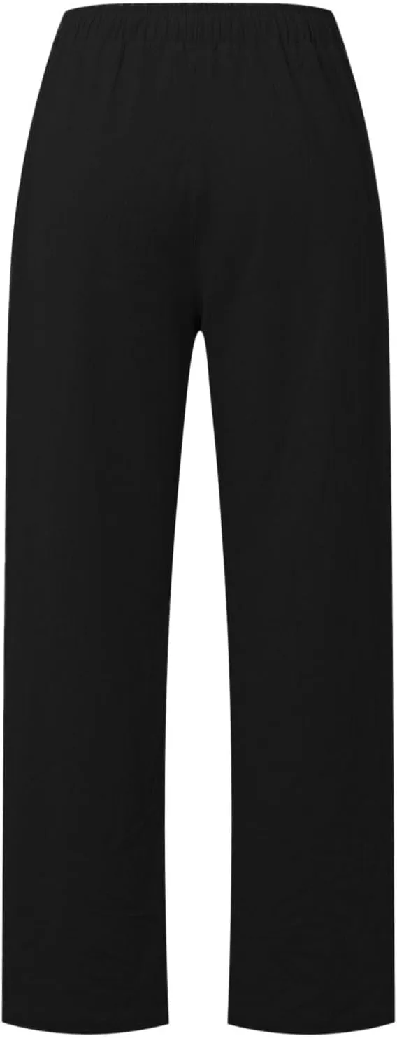 2025 Summer Womens Cotton Linen Pants Casual Drawstring High Elastic Wide Leg Soft Loose Fit Trousers with Pockets