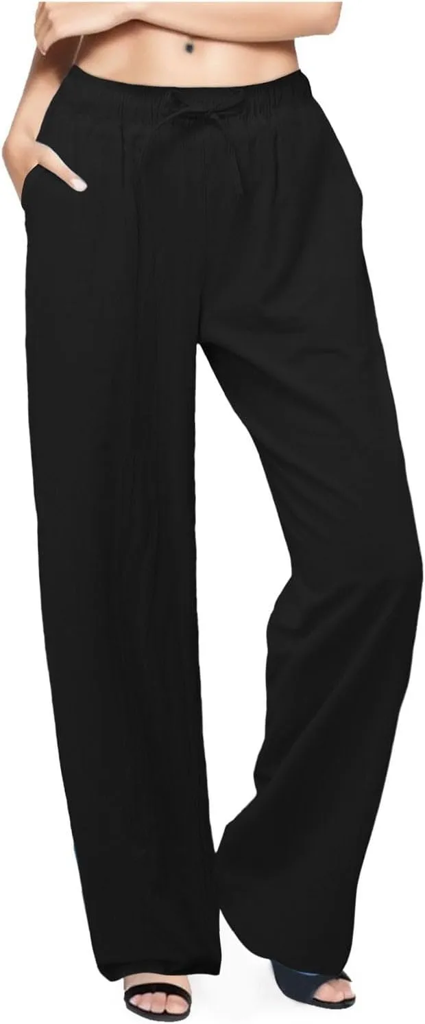 2025 Summer Womens Cotton Linen Pants Casual Drawstring High Elastic Wide Leg Soft Loose Fit Trousers with Pockets