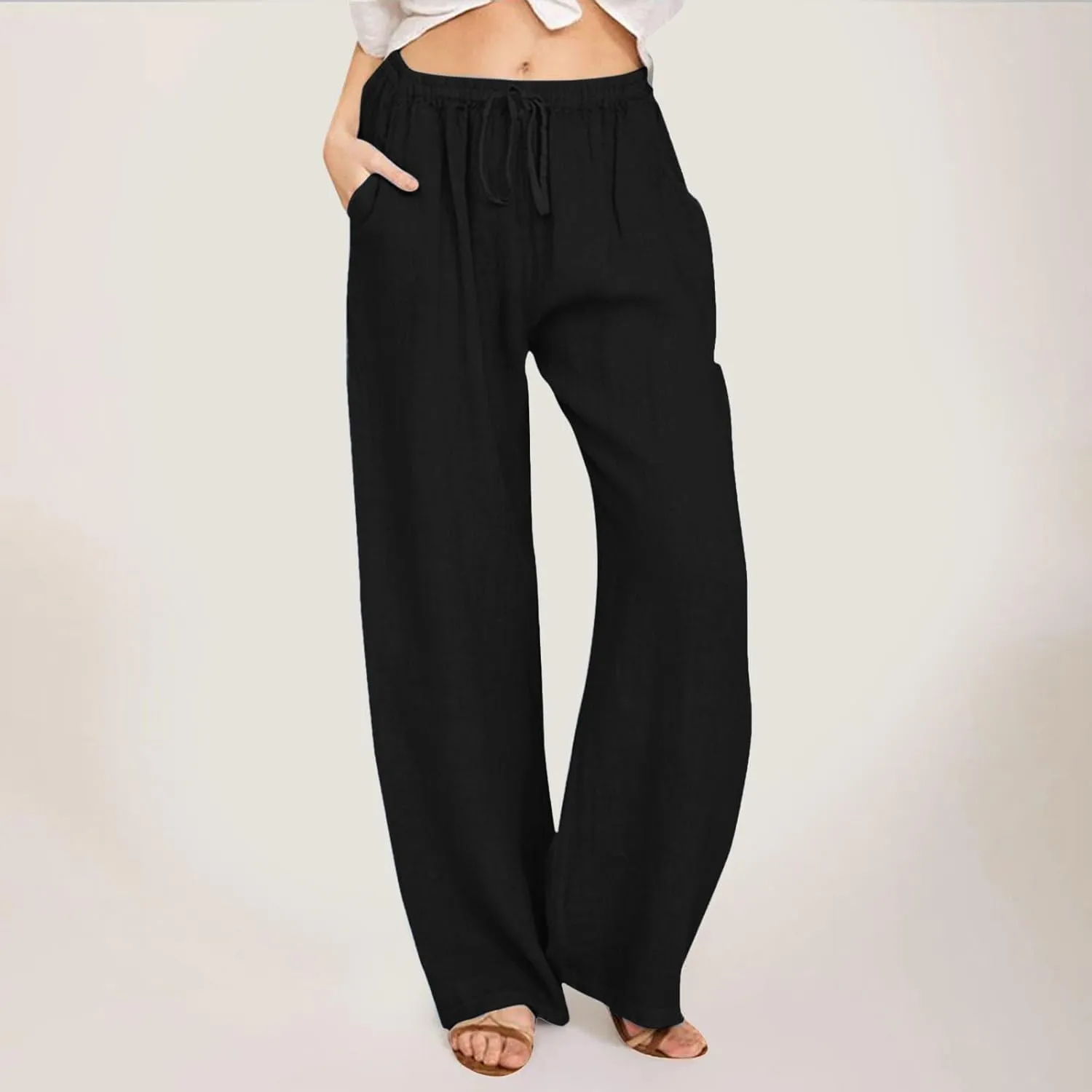 2025 Summer Womens Cotton Linen Pants Casual Drawstring High Elastic Wide Leg Soft Loose Fit Trousers with Pockets