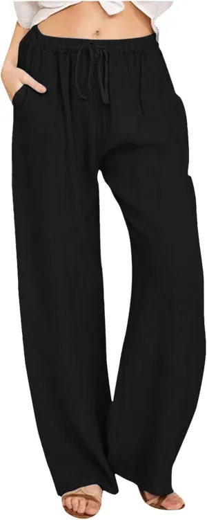 2025 Summer Womens Cotton Linen Pants Casual Drawstring High Elastic Wide Leg Soft Loose Fit Trousers with Pockets