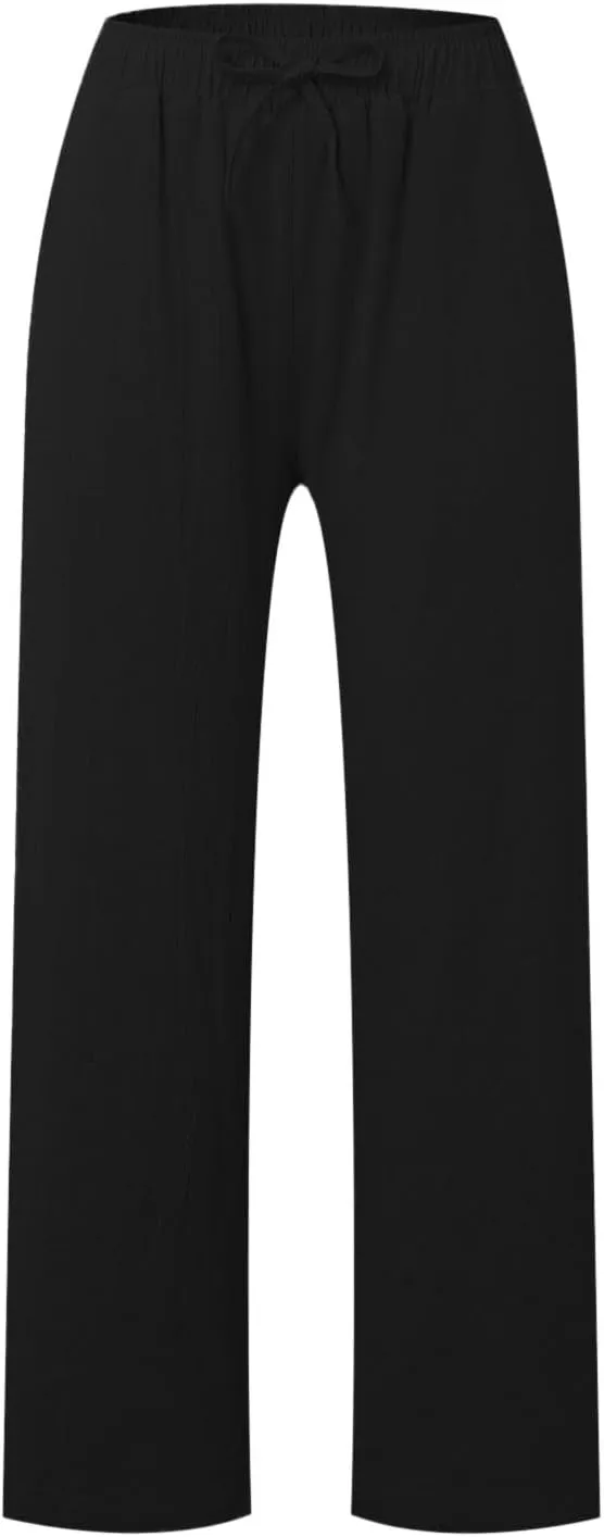 2025 Summer Womens Cotton Linen Pants Casual Drawstring High Elastic Wide Leg Soft Loose Fit Trousers with Pockets