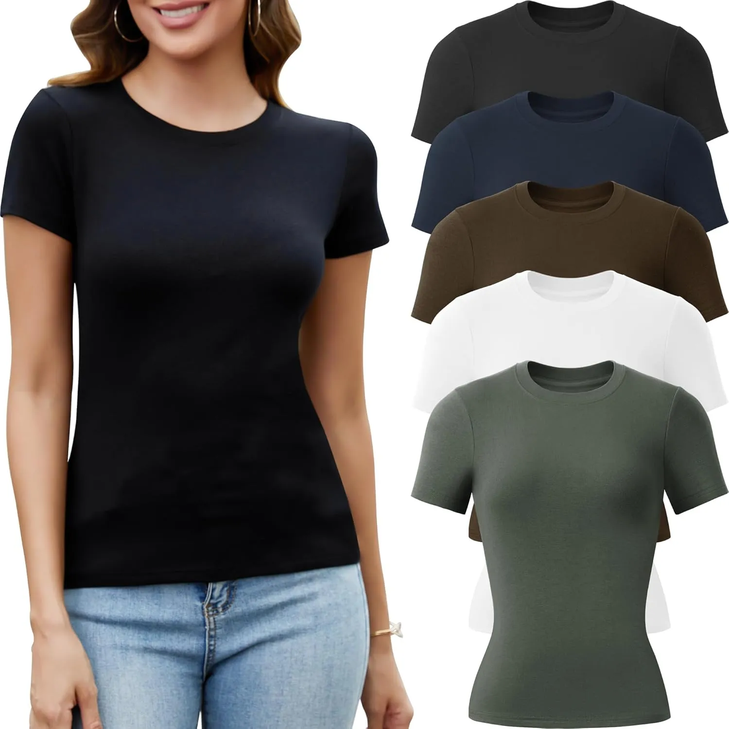 5 Pack Crew Neck T Shirts for Women Daily Casual Womens Fitted Tshirt Basic Tops for Women Stretchy Womens Tees