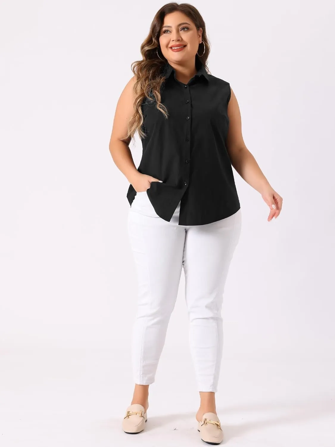 Agnes Orinda Women's Plus Size Sleeveless Top Summer Casual Office Button Down Tank Tops Shirts