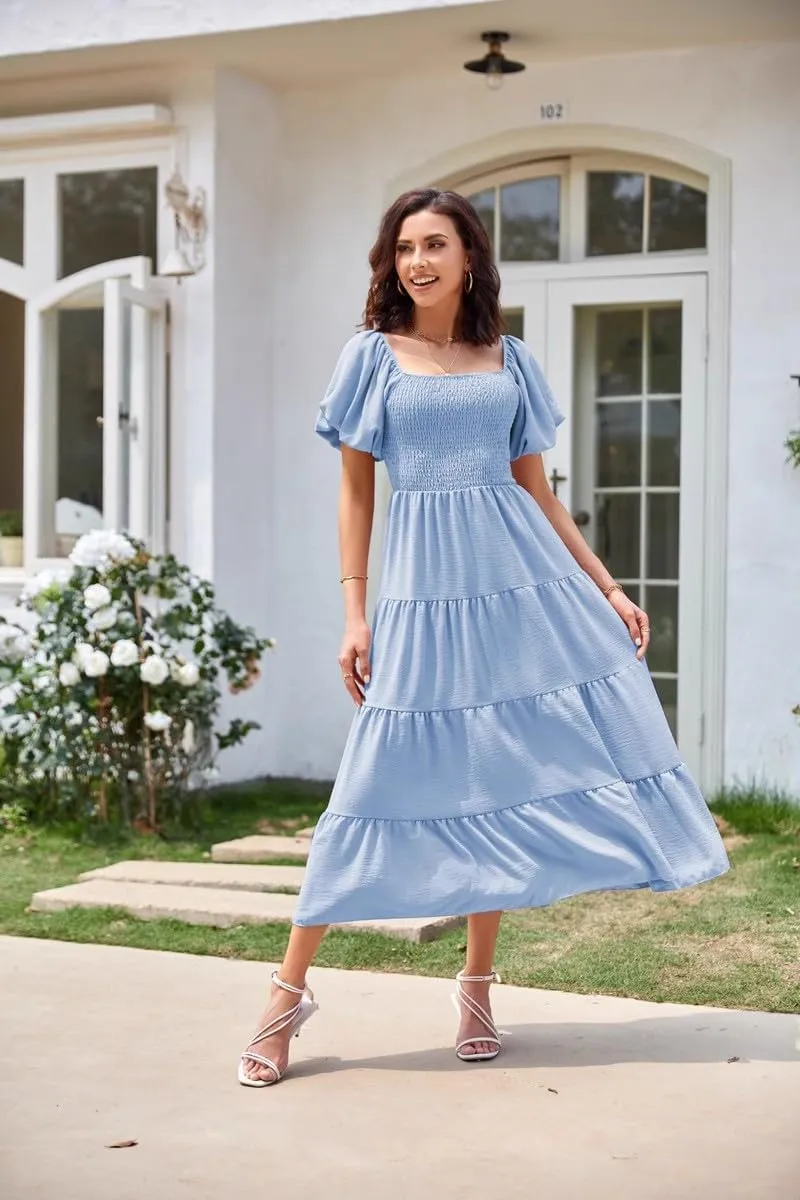 aihihe Summer Dresses for Women 2025 Casual Maxi Dress Square Neck Puff Sleeve Smocked High Waist A Line Boho Flowy Dresses