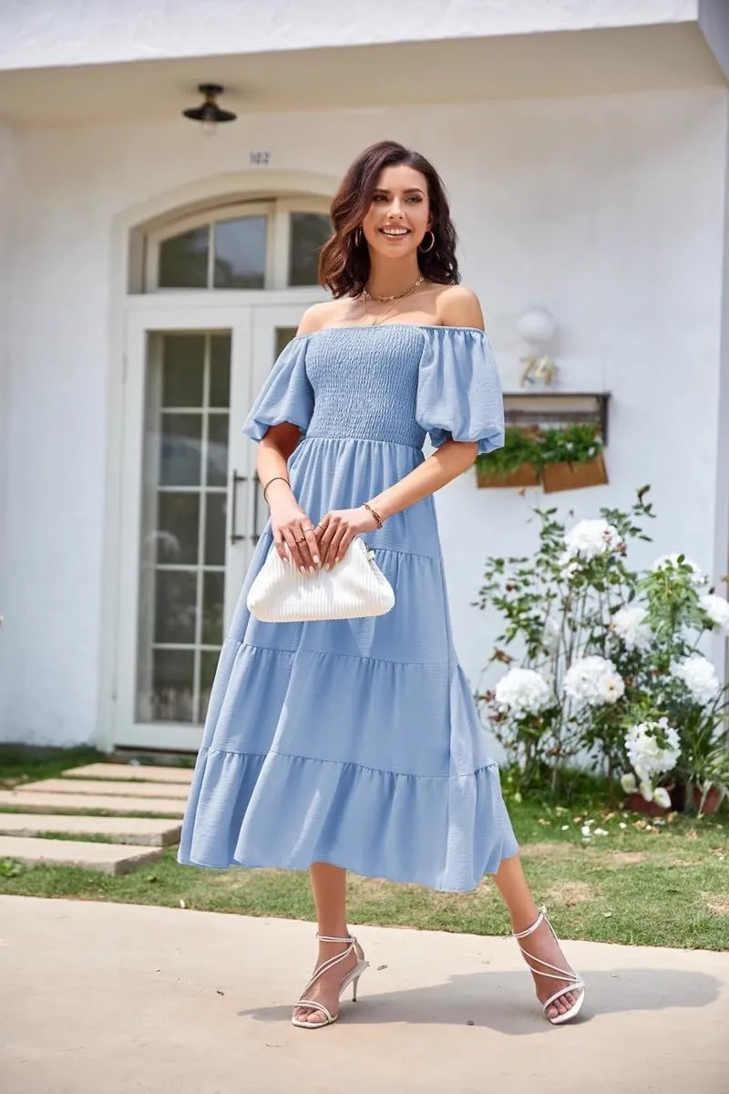 aihihe Summer Dresses for Women 2025 Casual Maxi Dress Square Neck Puff Sleeve Smocked High Waist A Line Boho Flowy Dresses