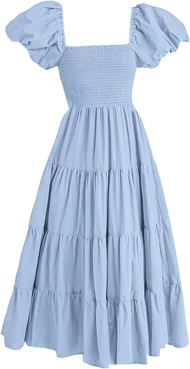 aihihe Summer Dresses for Women 2025 Casual Maxi Dress Square Neck Puff Sleeve Smocked High Waist A Line Boho Flowy Dresses