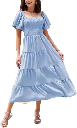 aihihe Summer Dresses for Women 2025 Casual Maxi Dress Square Neck Puff Sleeve Smocked High Waist A Line Boho Flowy Dresses