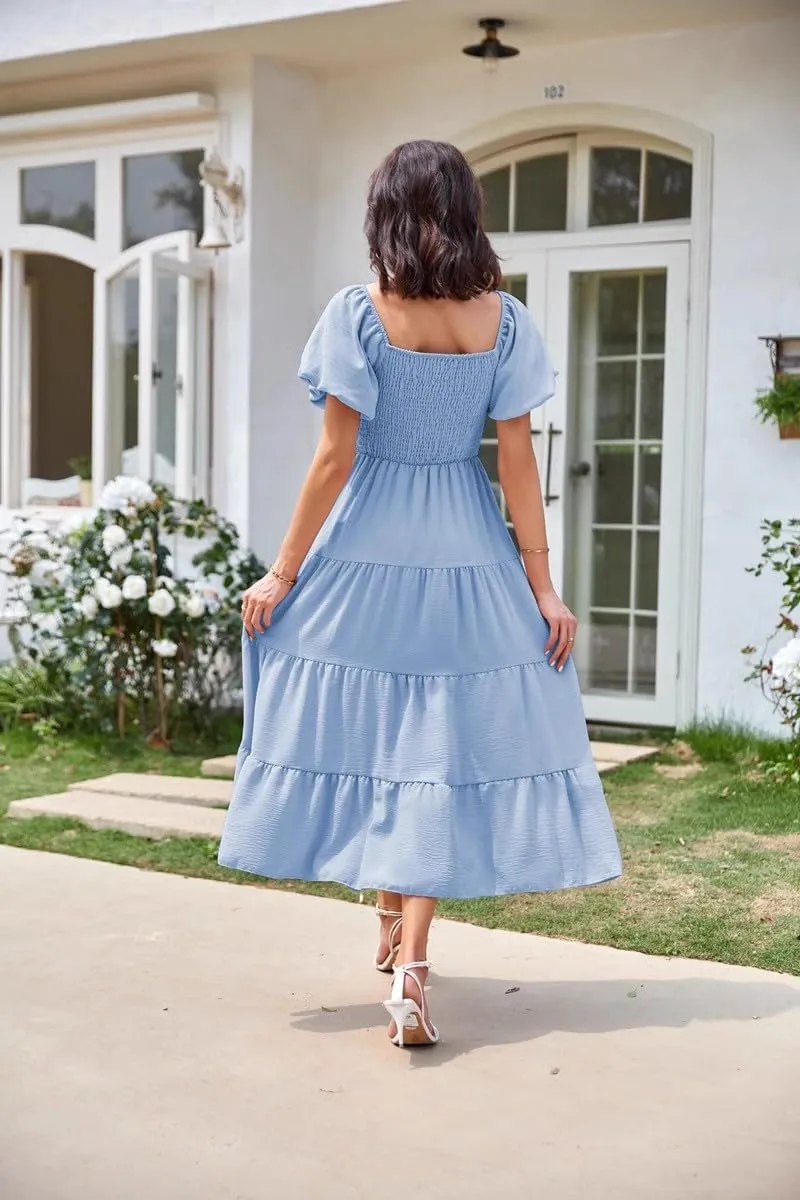 aihihe Summer Dresses for Women 2025 Casual Maxi Dress Square Neck Puff Sleeve Smocked High Waist A Line Boho Flowy Dresses