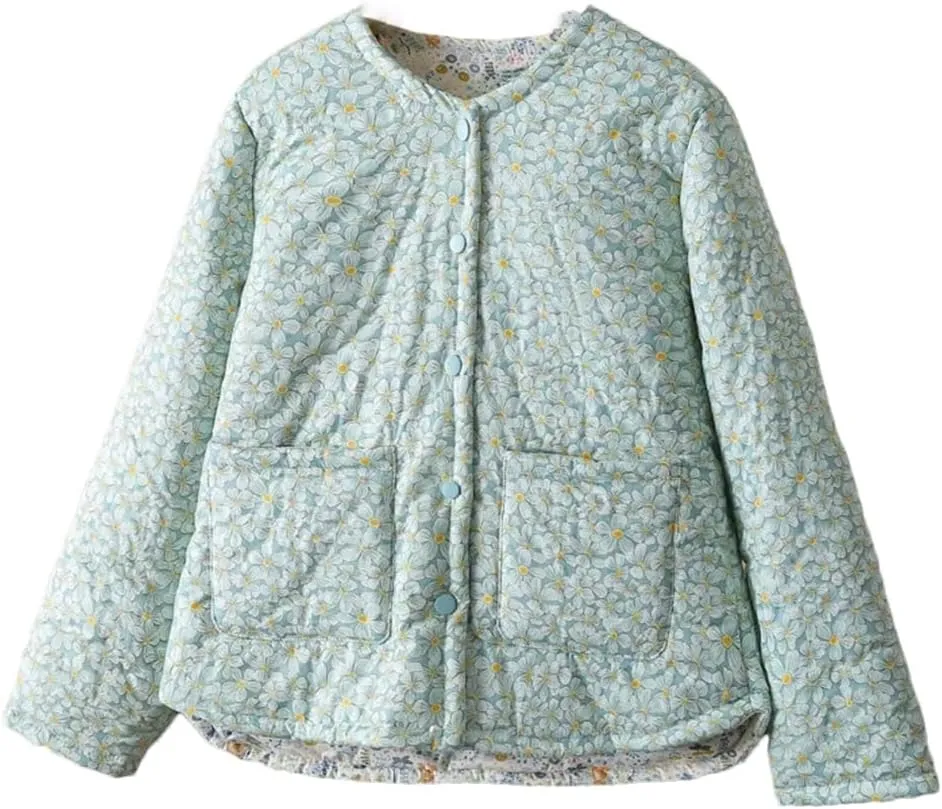 Alloaone Women Parka Loose Thin Double Cotton Floral Printing Soft Skin Warm Cotton-Padded Coat