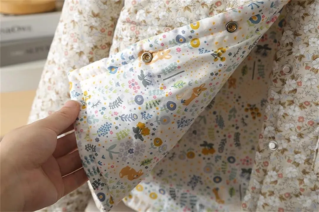 Alloaone Women Parka Loose Thin Double Cotton Floral Printing Soft Skin Warm Cotton-Padded Coat