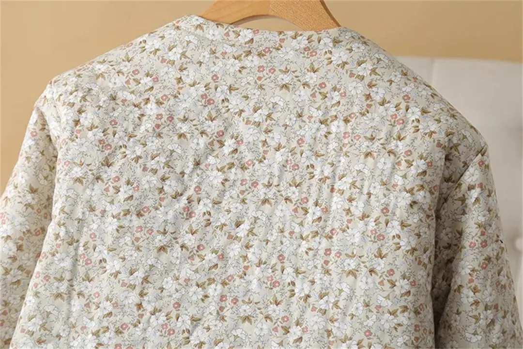 Alloaone Women Parka Loose Thin Double Cotton Floral Printing Soft Skin Warm Cotton-Padded Coat