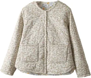 Alloaone Women Parka Loose Thin Double Cotton Floral Printing Soft Skin Warm Cotton-Padded Coat