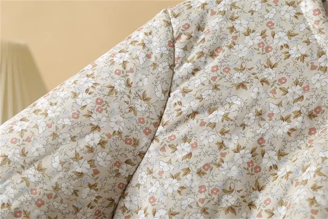 Alloaone Women Parka Loose Thin Double Cotton Floral Printing Soft Skin Warm Cotton-Padded Coat