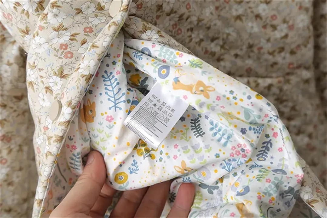 Alloaone Women Parka Loose Thin Double Cotton Floral Printing Soft Skin Warm Cotton-Padded Coat