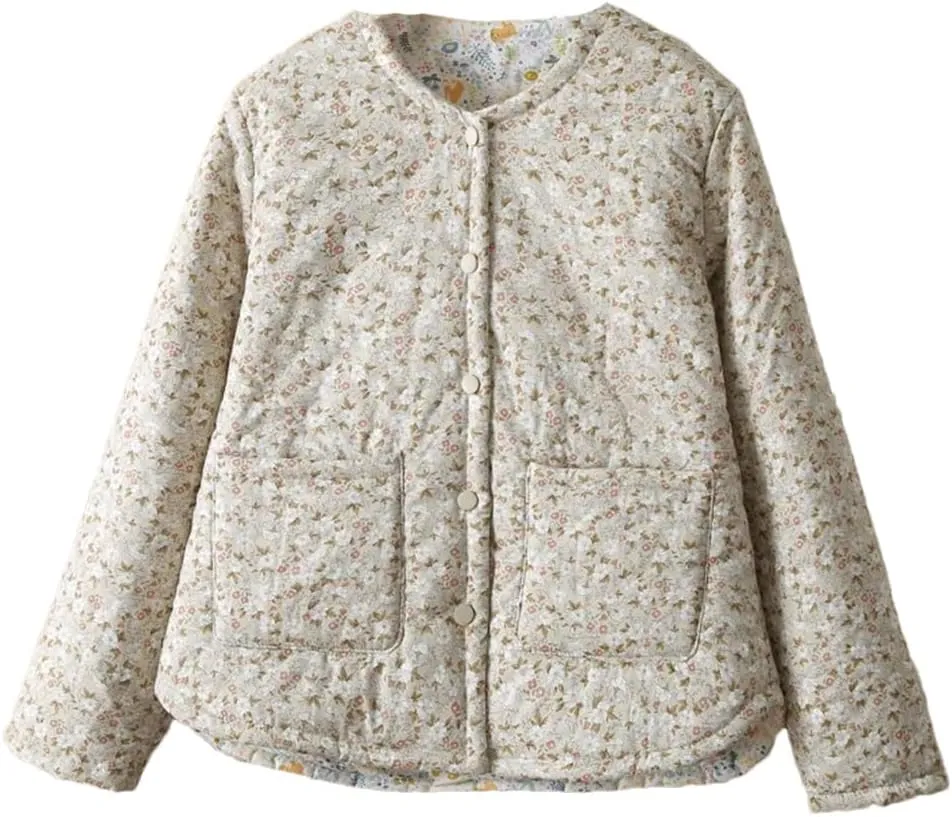 Alloaone Women Parka Loose Thin Double Cotton Floral Printing Soft Skin Warm Cotton-Padded Coat