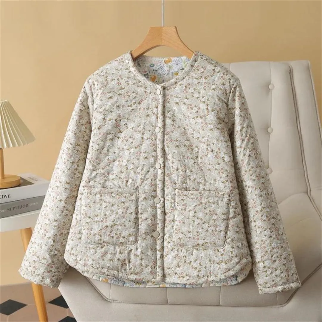 Alloaone Women Parka Loose Thin Double Cotton Floral Printing Soft Skin Warm Cotton-Padded Coat