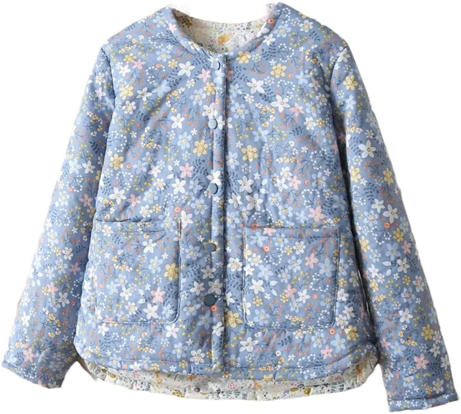 Alloaone Women Parka Loose Thin Double Cotton Floral Printing Soft Skin Warm Cotton-Padded Coat