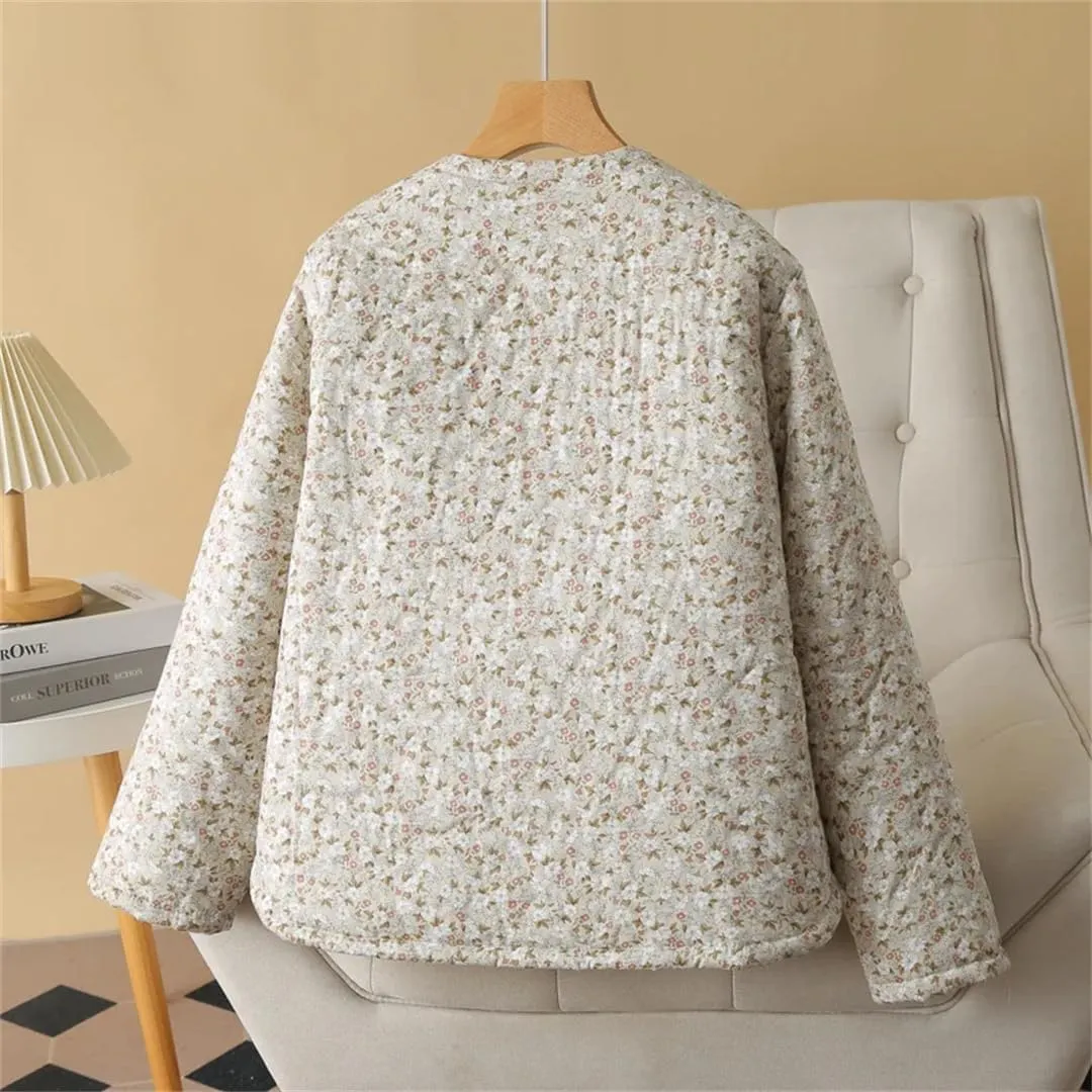Alloaone Women Parka Loose Thin Double Cotton Floral Printing Soft Skin Warm Cotton-Padded Coat