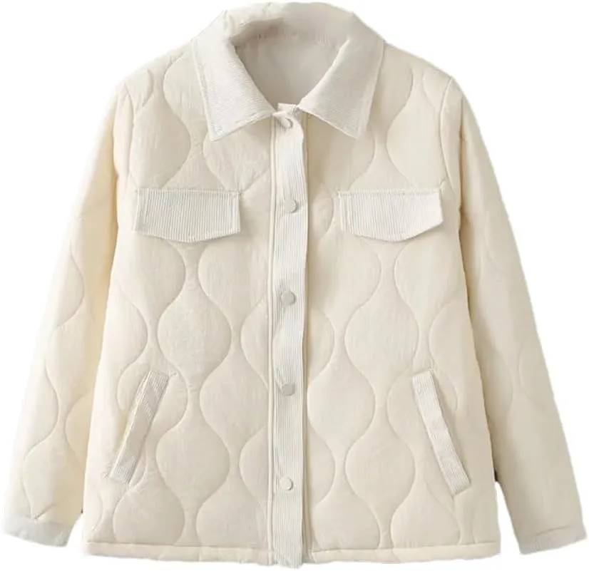 Alloaone Women Parka Thin Loose Lapel Gourd Shaped Quilted Cotton-Padded Coat