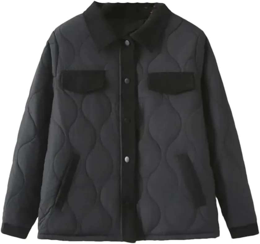 Alloaone Women Parka Thin Loose Lapel Gourd Shaped Quilted Cotton-Padded Coat