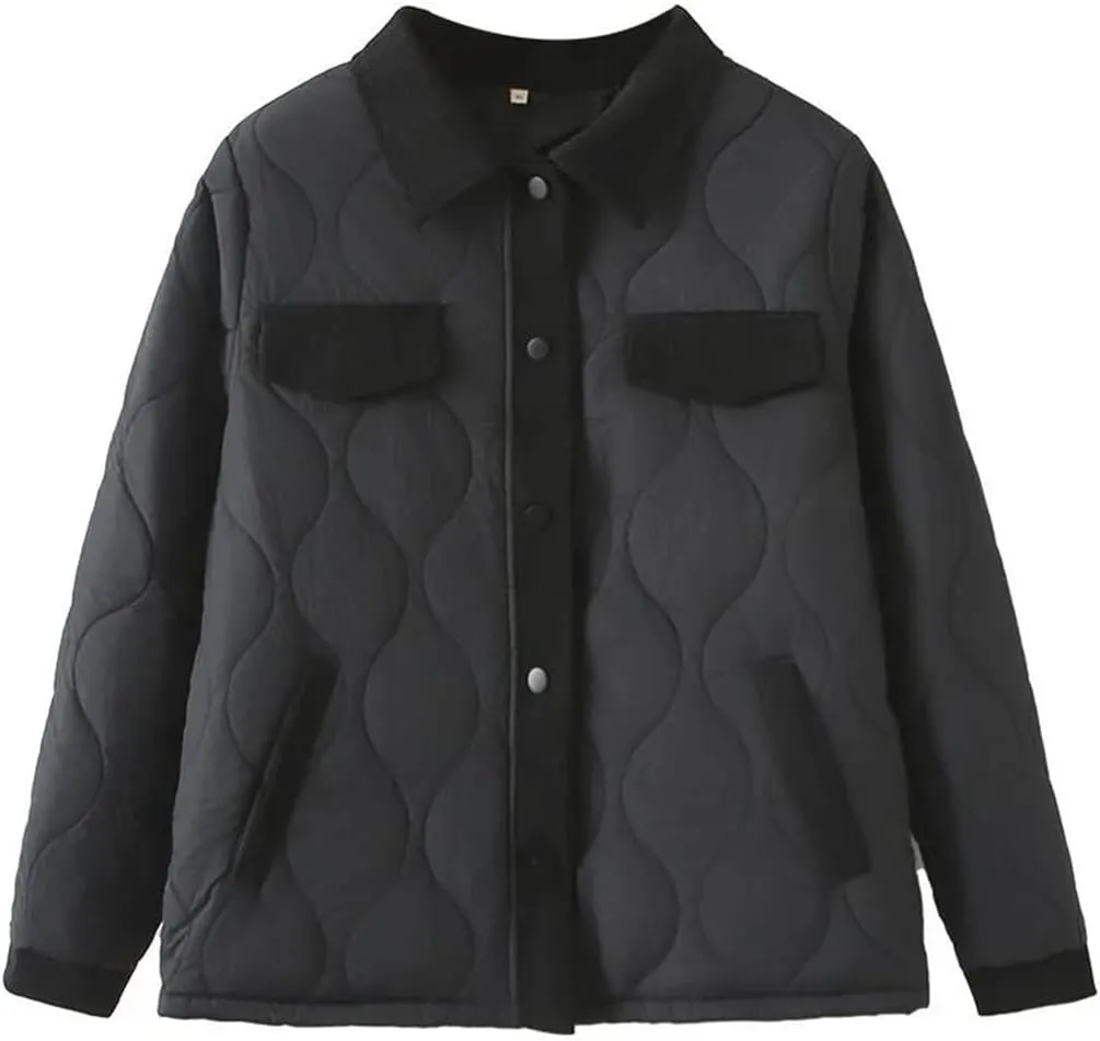 Alloaone Women Parka Thin Loose Lapel Gourd Shaped Quilted Cotton-Padded Coat