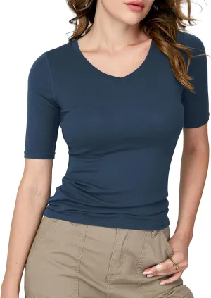 Amoretu Women's V Neck T Shirts Slim Fitted Half Sleeve Tops Basic Tees