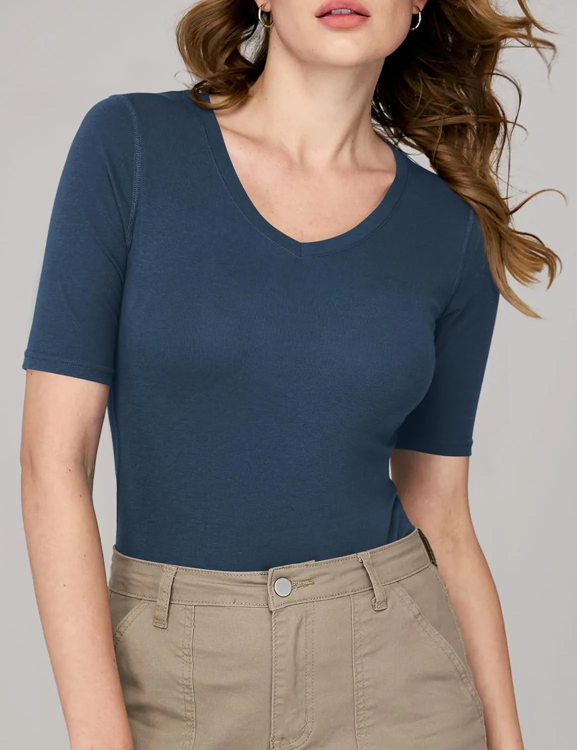 Amoretu Women's V Neck T Shirts Slim Fitted Half Sleeve Tops Basic Tees