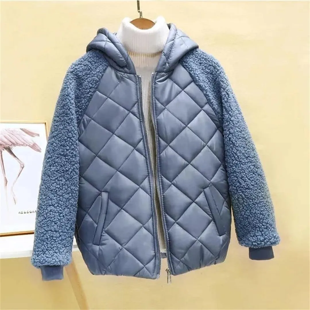 Autumn Winter Women's Cotton Coat Hooded Loose Imitation Lamb Wool Padded Jacket Thin Cotton Short Coat