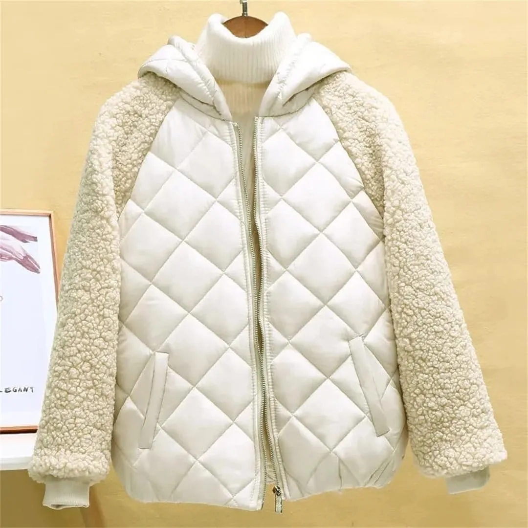 Autumn Winter Women's Cotton Coat Hooded Loose Imitation Lamb Wool Padded Jacket Thin Cotton Short Coat