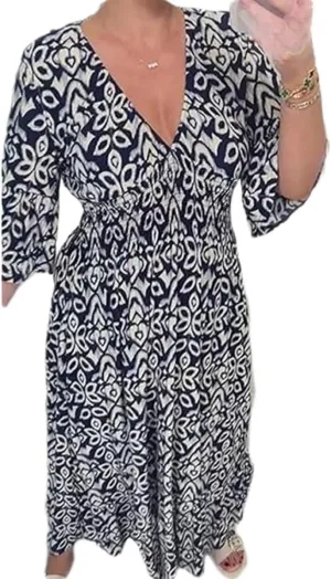 Bohemian Casual Print V-Neck Waist Wrap Long Dress, Plus Size Summer V Neck Floral Dress for Women, Bohemian 3/4 Sleeve