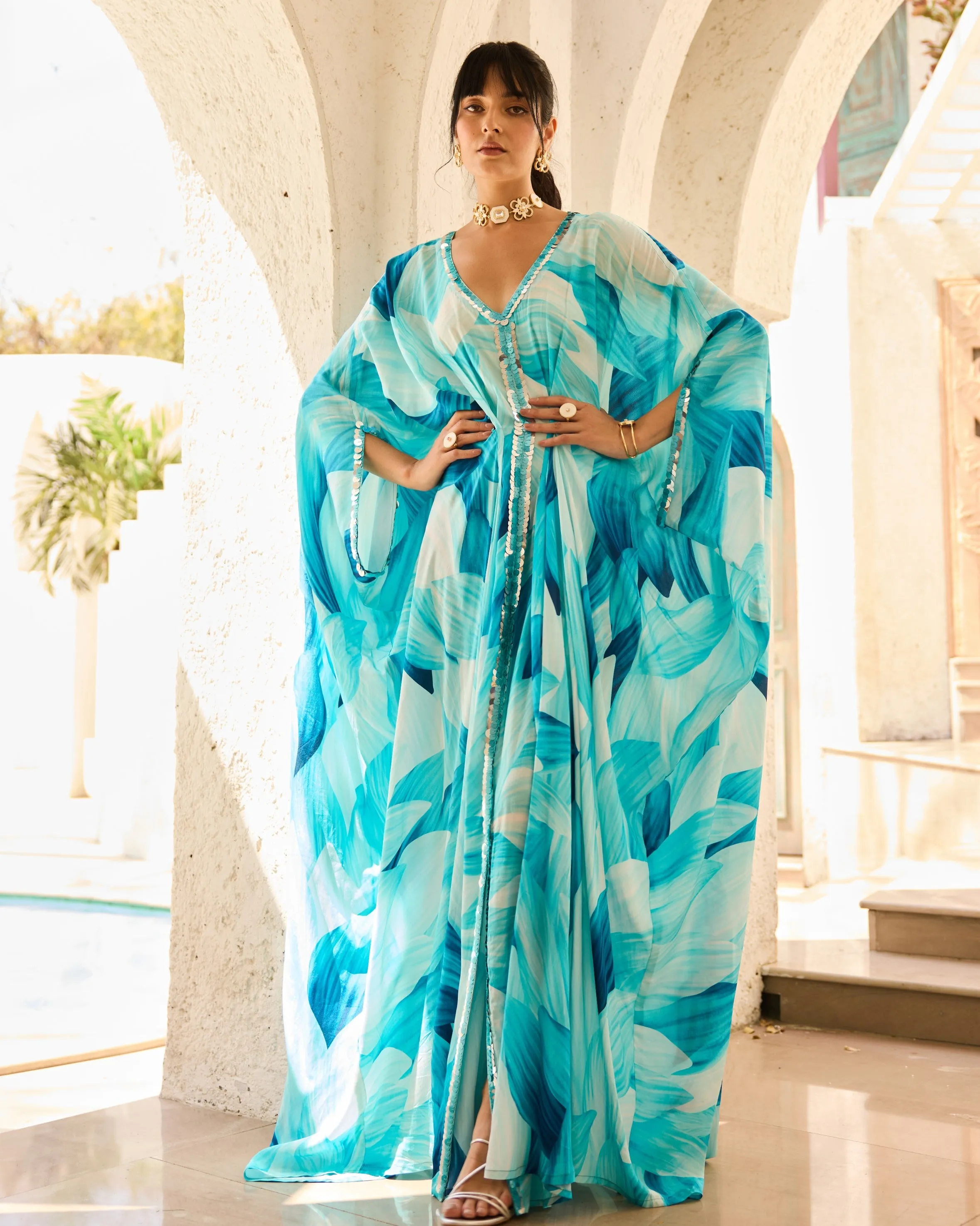 Breezy Blue Petal Printed Kaftan