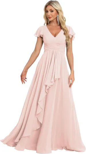 Bridesmaid Dresses Chiffon Wedding Guest Dresses for Women Floor Length V-Neck Ruffle Sleeves Ruched Formal Dress