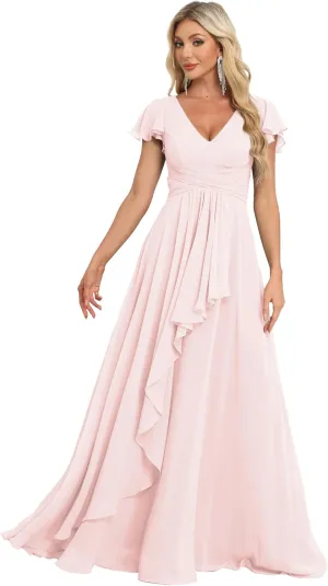 Bridesmaid Dresses Chiffon Wedding Guest Dresses for Women Floor Length V-Neck Ruffle Sleeves Ruched Formal Dress