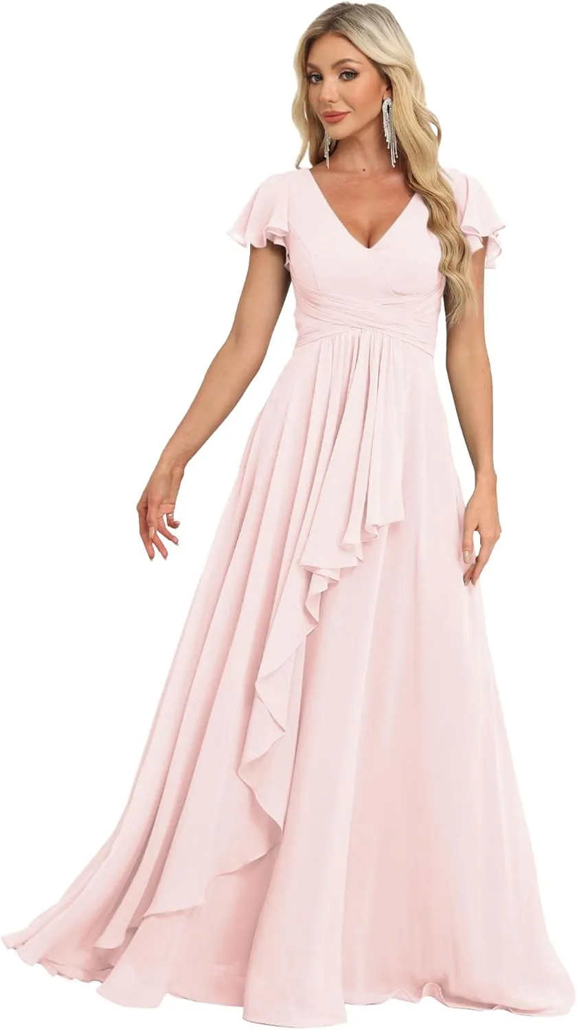 Bridesmaid Dresses Chiffon Wedding Guest Dresses for Women Floor Length V-Neck Ruffle Sleeves Ruched Formal Dress