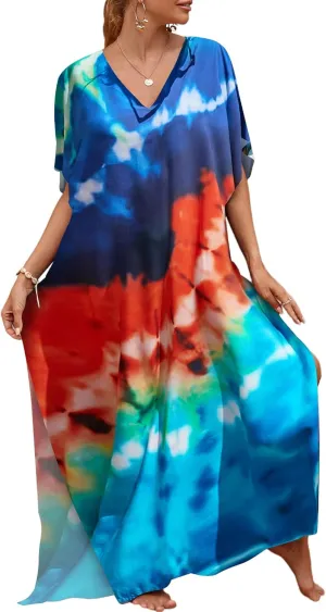 Bsubseach Kaftan Dresses for Women Plus Size Tie Dye Batwing Sleeve Caftans Swimsuit Coverup Maxi Dress Loungewear