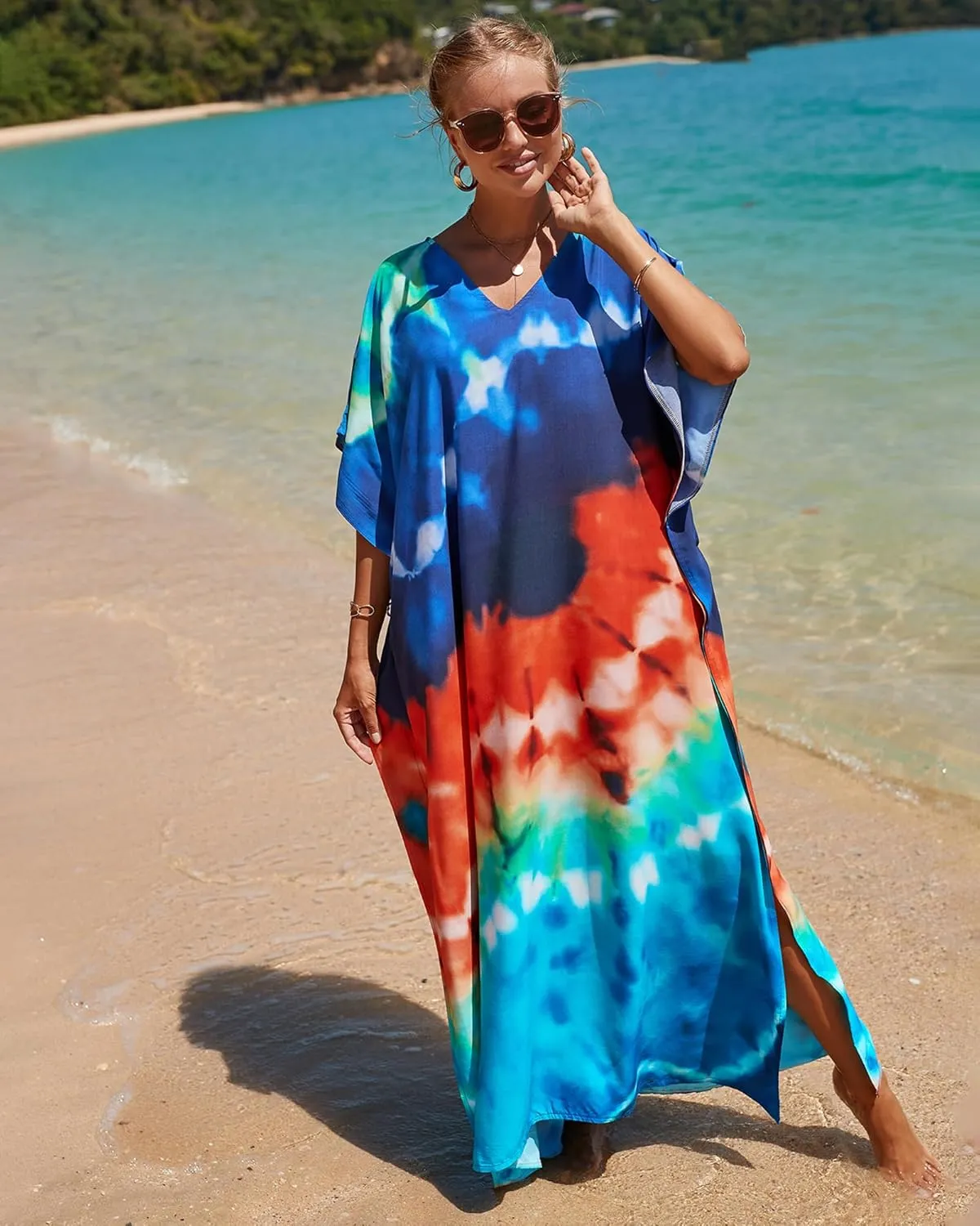 Bsubseach Kaftan Dresses for Women Plus Size Tie Dye Batwing Sleeve Caftans Swimsuit Coverup Maxi Dress Loungewear