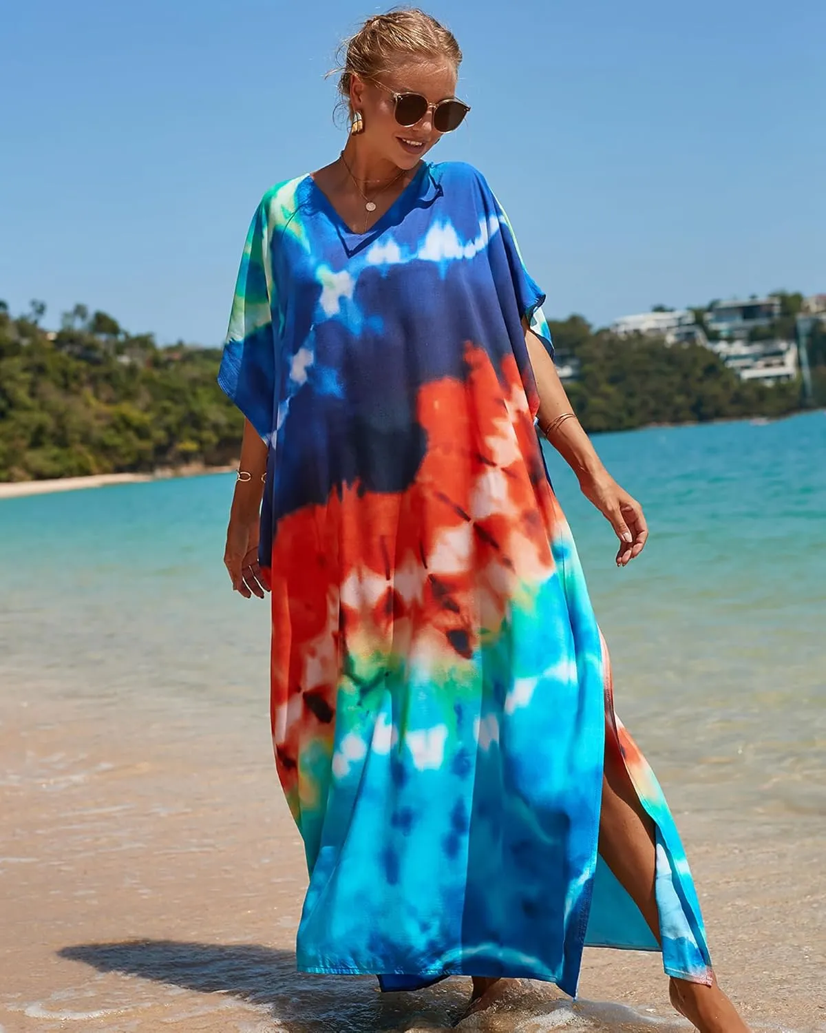 Bsubseach Kaftan Dresses for Women Plus Size Tie Dye Batwing Sleeve Caftans Swimsuit Coverup Maxi Dress Loungewear
