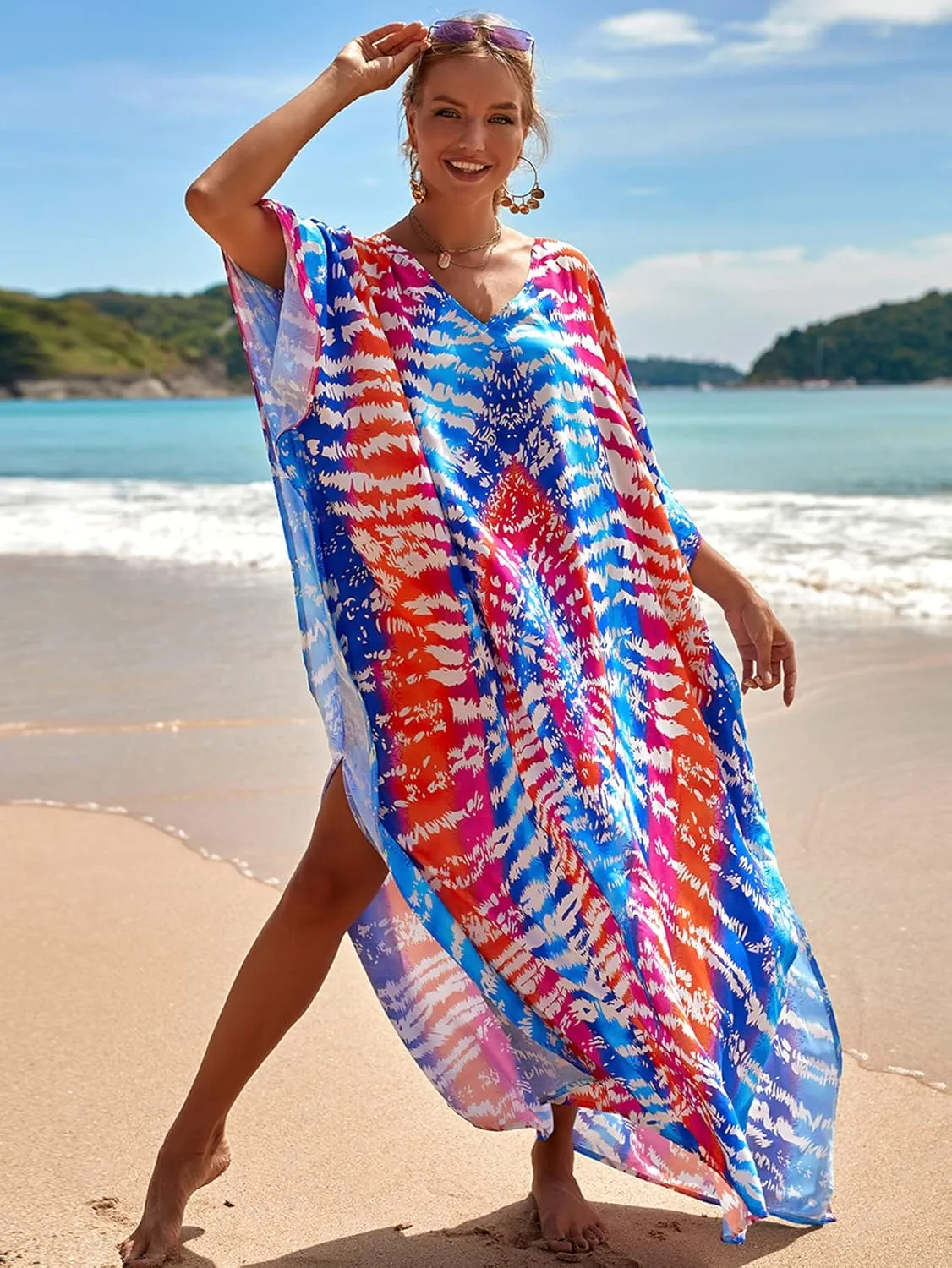 Bsubseach Kaftan Dresses for Women Plus Size Tie Dye Batwing Sleeve Caftans Swimsuit Coverup Maxi Dress Loungewear