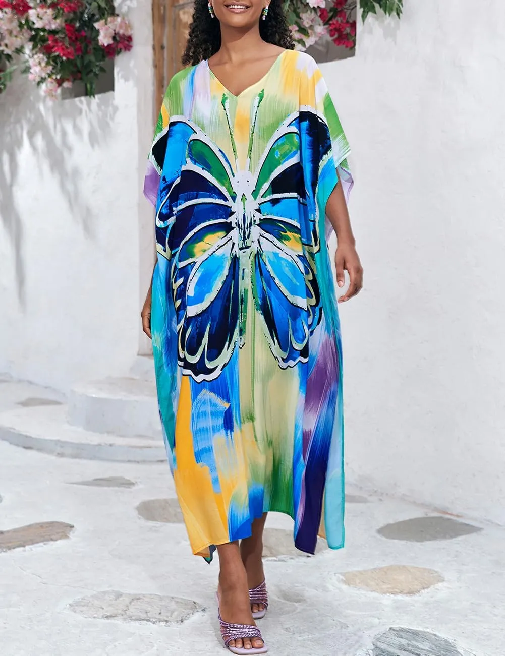 Bsubseach Kaftan Dresses for Women Plus Size Tie Dye Batwing Sleeve Caftans Swimsuit Coverup Maxi Dress Loungewear