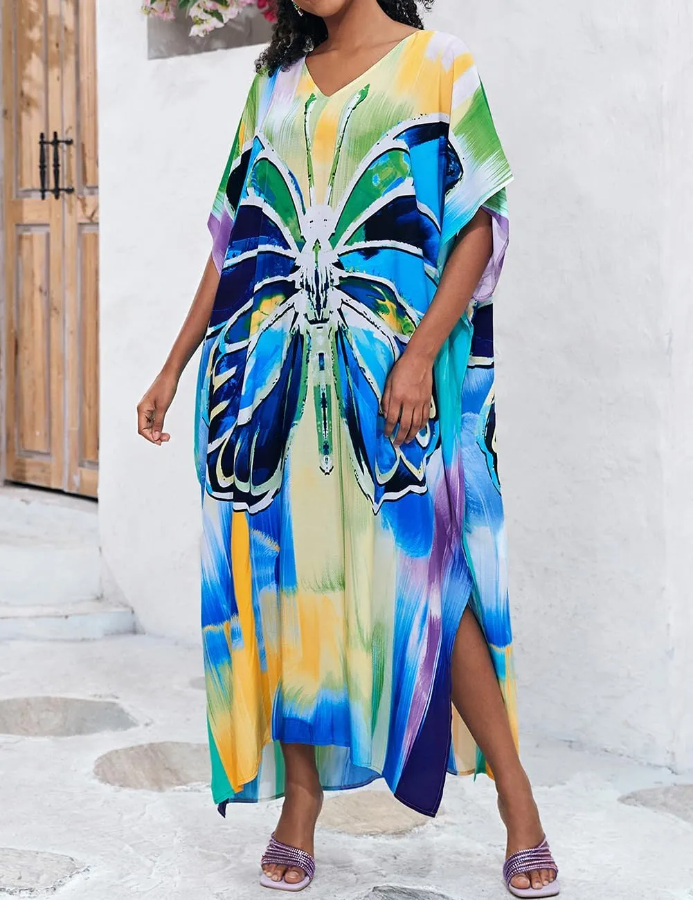 Bsubseach Kaftan Dresses for Women Plus Size Tie Dye Batwing Sleeve Caftans Swimsuit Coverup Maxi Dress Loungewear