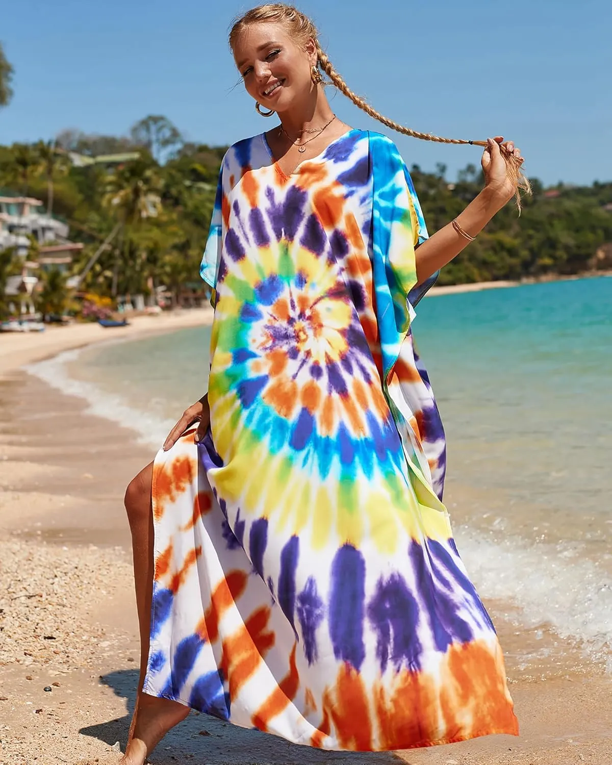 Bsubseach Kaftan Dresses for Women Plus Size Tie Dye Batwing Sleeve Caftans Swimsuit Coverup Maxi Dress Loungewear