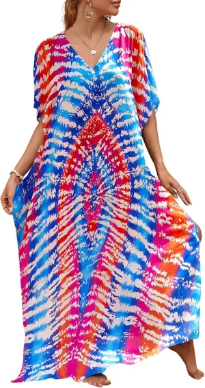 Bsubseach Kaftan Dresses for Women Plus Size Tie Dye Batwing Sleeve Caftans Swimsuit Coverup Maxi Dress Loungewear