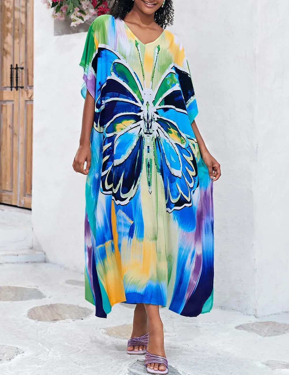 Bsubseach Kaftan Dresses for Women Plus Size Tie Dye Batwing Sleeve Caftans Swimsuit Coverup Maxi Dress Loungewear