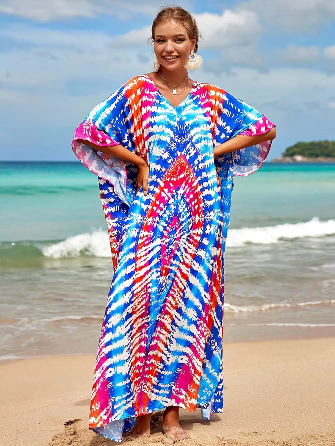 Bsubseach Kaftan Dresses for Women Plus Size Tie Dye Batwing Sleeve Caftans Swimsuit Coverup Maxi Dress Loungewear