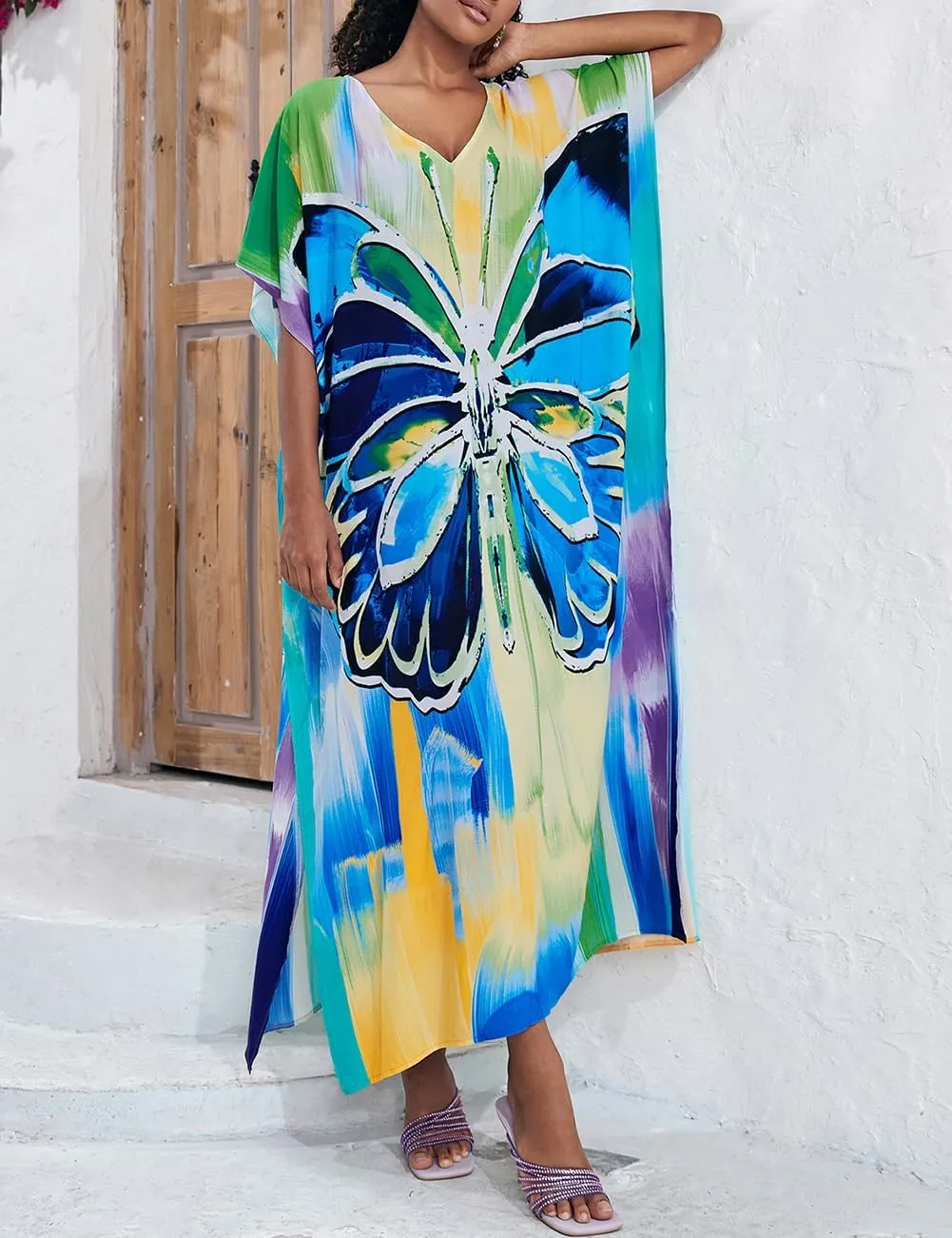 Bsubseach Kaftan Dresses for Women Plus Size Tie Dye Batwing Sleeve Caftans Swimsuit Coverup Maxi Dress Loungewear