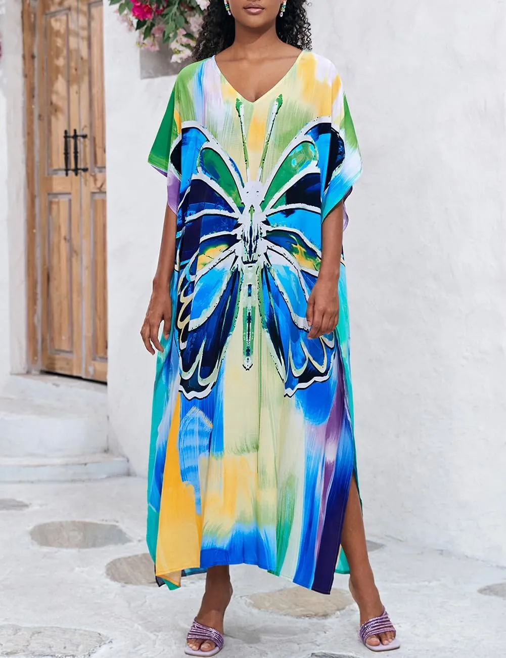 Bsubseach Kaftan Dresses for Women Plus Size Tie Dye Batwing Sleeve Caftans Swimsuit Coverup Maxi Dress Loungewear