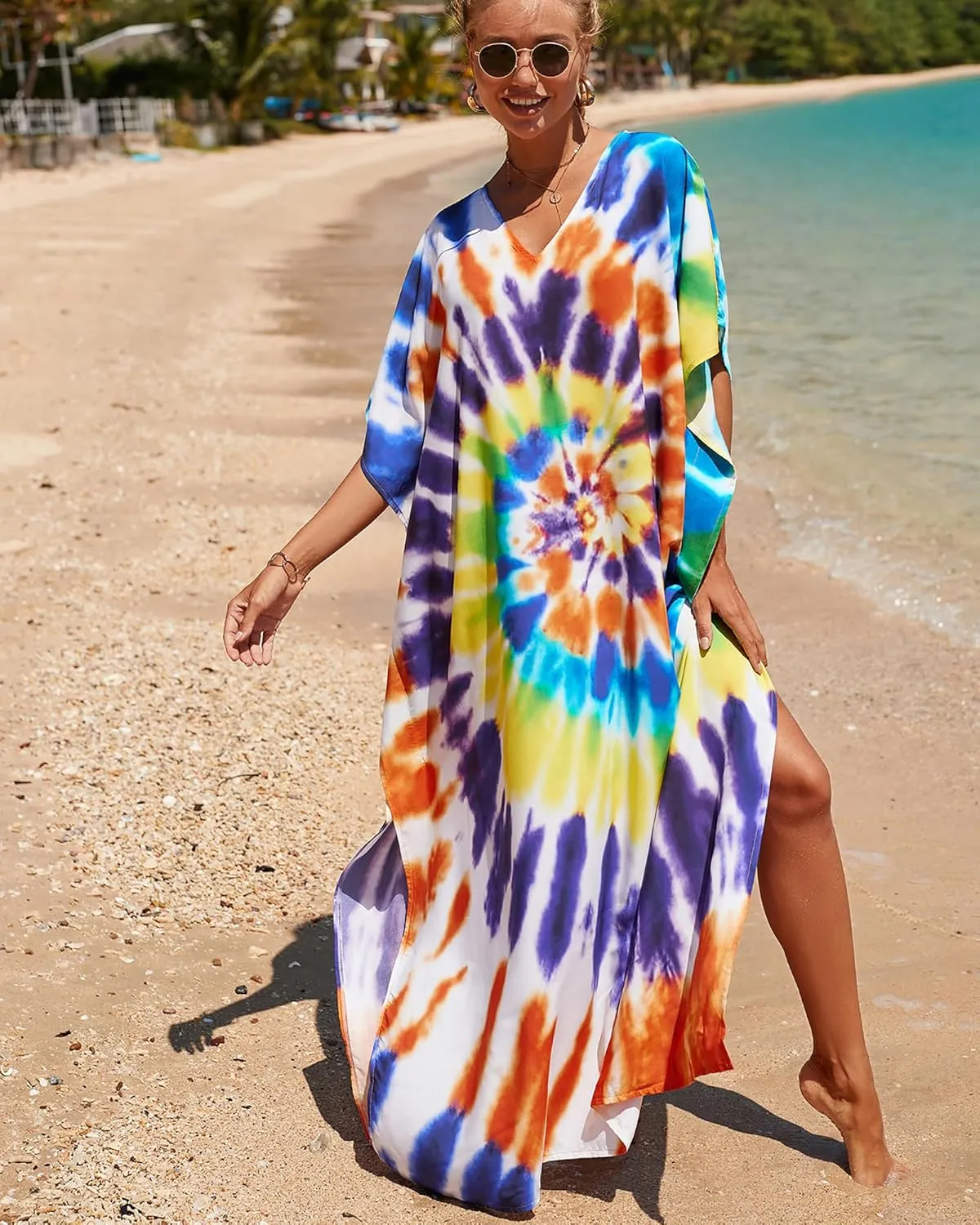 Bsubseach Kaftan Dresses for Women Plus Size Tie Dye Batwing Sleeve Caftans Swimsuit Coverup Maxi Dress Loungewear