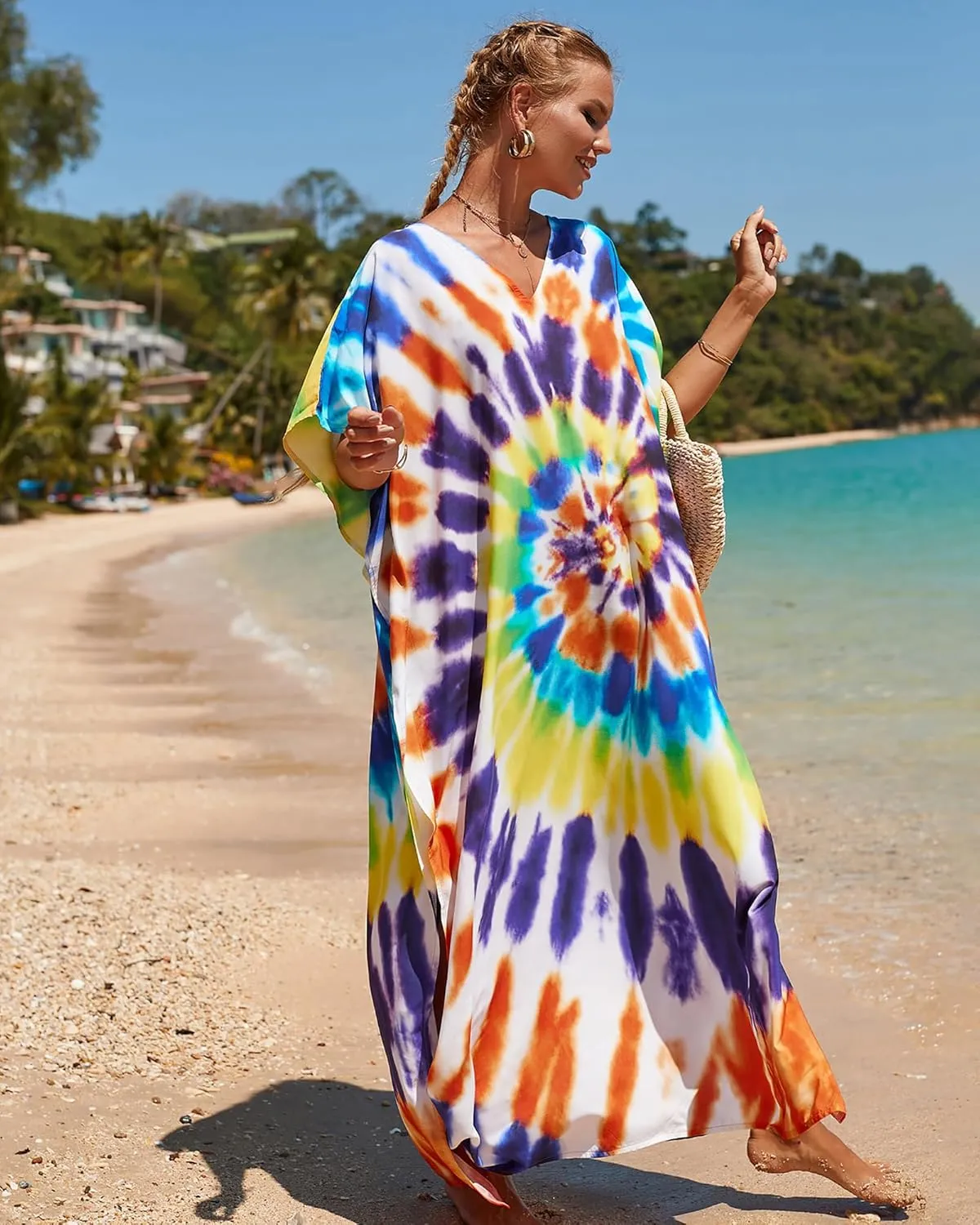 Bsubseach Kaftan Dresses for Women Plus Size Tie Dye Batwing Sleeve Caftans Swimsuit Coverup Maxi Dress Loungewear