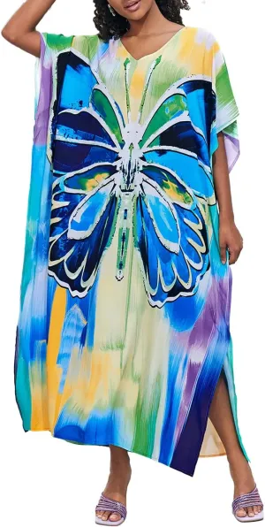 Bsubseach Kaftan Dresses for Women Plus Size Tie Dye Batwing Sleeve Caftans Swimsuit Coverup Maxi Dress Loungewear