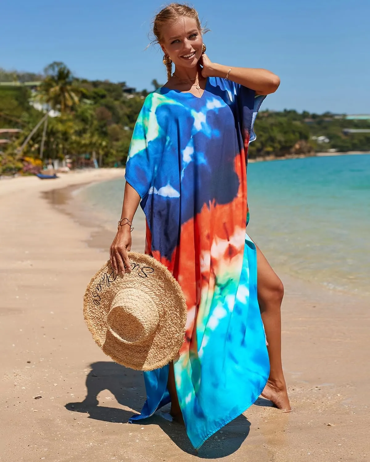 Bsubseach Kaftan Dresses for Women Plus Size Tie Dye Batwing Sleeve Caftans Swimsuit Coverup Maxi Dress Loungewear